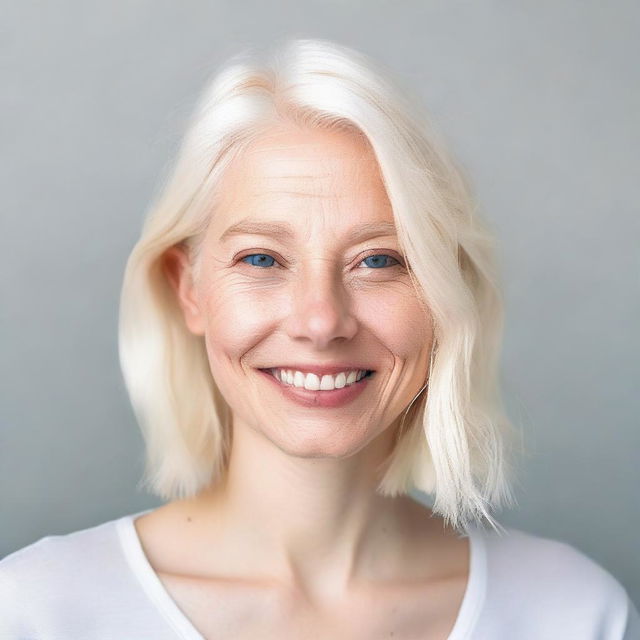 A portrait of a person with white blonde hair