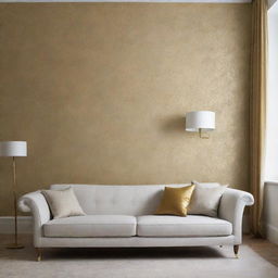 Create a luxurious minimalist living room with touches of patterned gold wallpaper.