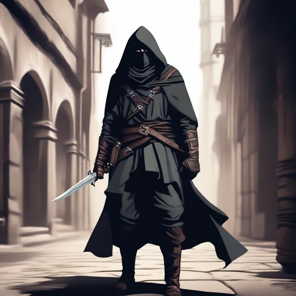 A skilled human rogue dressed in dark, stealthy clothing, lurking in the shadows of a medieval city