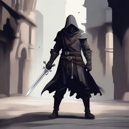 A skilled human rogue dressed in dark, stealthy clothing, lurking in the shadows of a medieval city