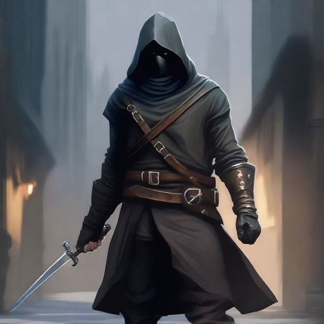 A skilled human rogue dressed in dark, stealthy clothing, lurking in the shadows of a medieval city