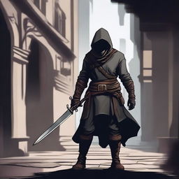 A skilled human rogue dressed in dark, stealthy clothing, lurking in the shadows of a medieval city