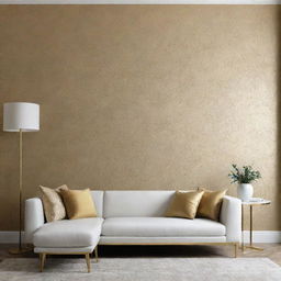 Create a luxurious minimalist living room with touches of patterned gold wallpaper.