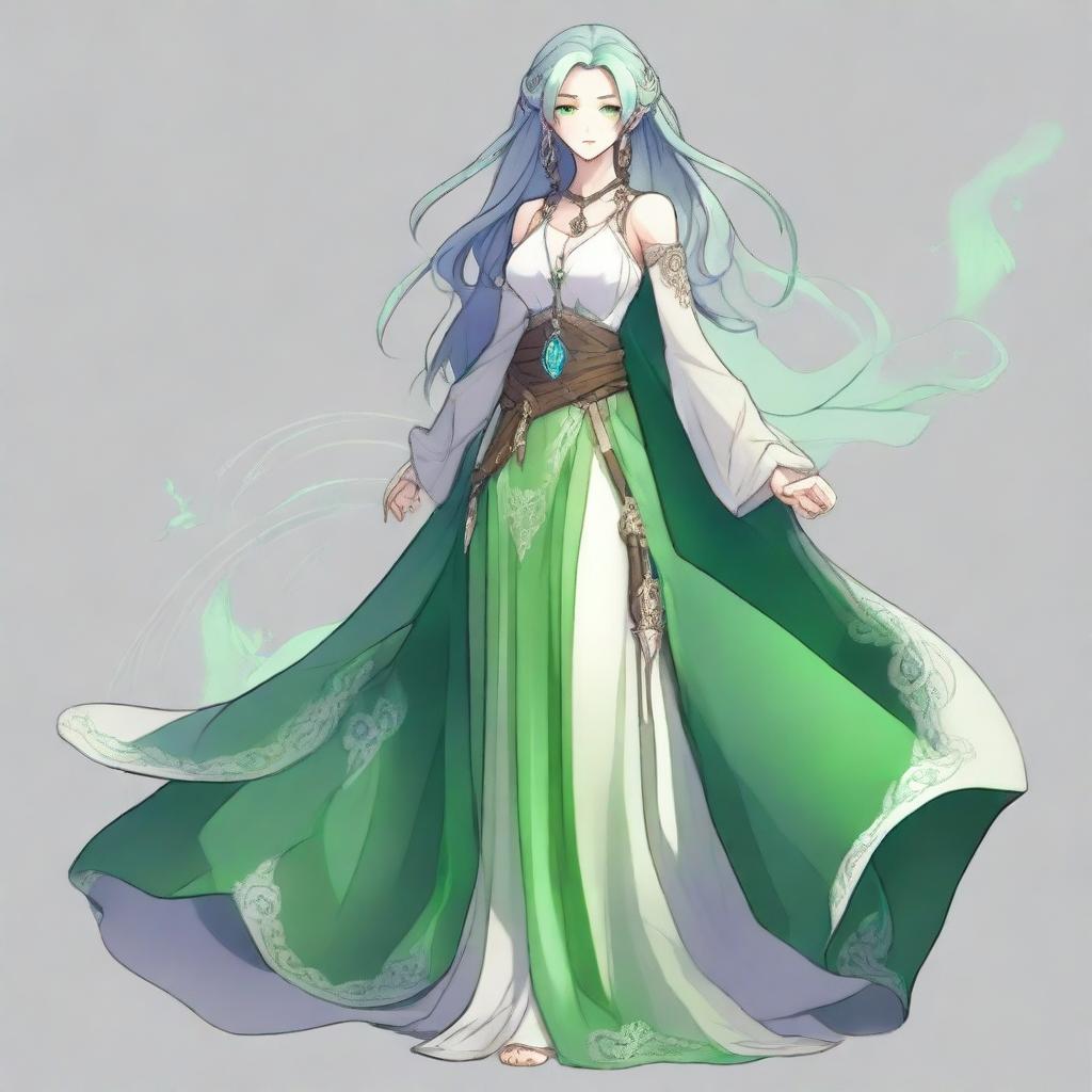 Create a full-body portrait of a woman from a Dungeons & Dragons fantasy world in anime style