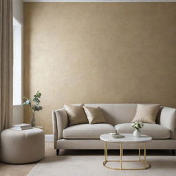 Create a luxurious minimalist living room with touches of patterned gold wallpaper.