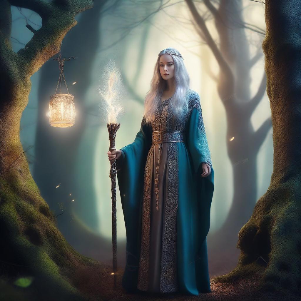 A powerful female wizard standing in a mystical forest, surrounded by glowing magical runes and ancient trees