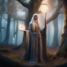 A powerful female wizard standing in a mystical forest, surrounded by glowing magical runes and ancient trees