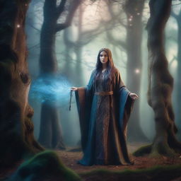 A powerful female wizard standing in a mystical forest, surrounded by glowing magical runes and ancient trees