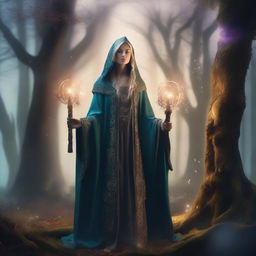 A powerful female wizard standing in a mystical forest, surrounded by glowing magical runes and ancient trees