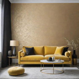 Show a luxurious minimalist living room with subtle touches of patterned gold wallpaper and featuring a yellow sofa.