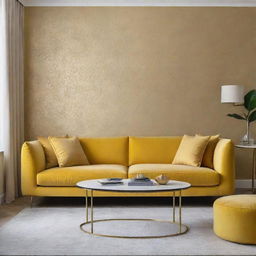 Show a luxurious minimalist living room with subtle touches of patterned gold wallpaper and featuring a yellow sofa.