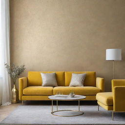 Show a luxurious minimalist living room with subtle touches of patterned gold wallpaper and featuring a yellow sofa.