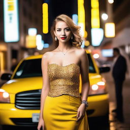 A glamorous woman standing next to a yellow taxi in a bustling city at night