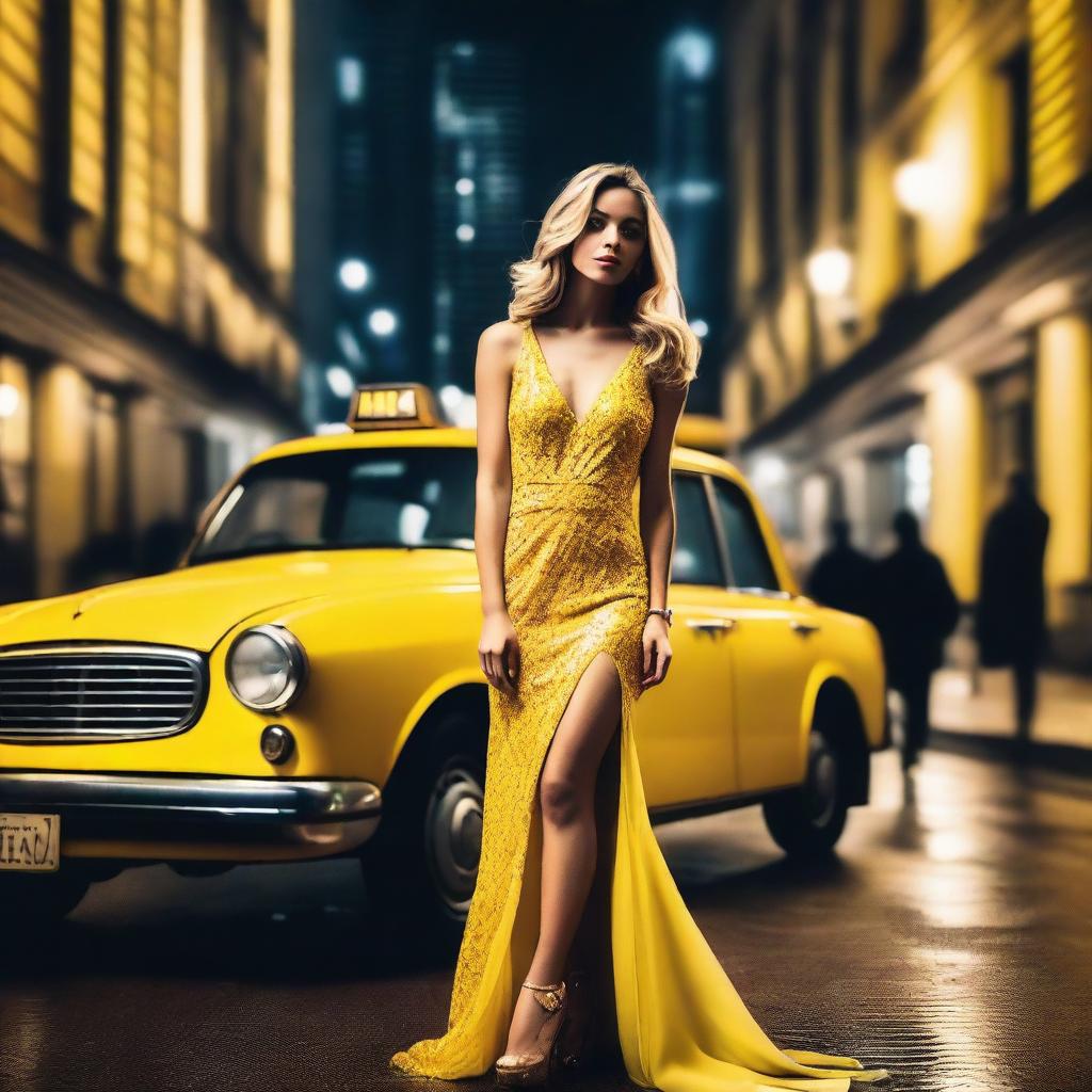 A glamorous woman standing next to a yellow taxi in a bustling city at night