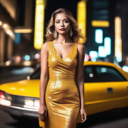 A glamorous woman standing next to a yellow taxi in a bustling city at night