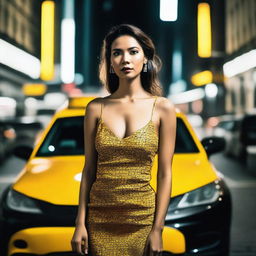 A beautiful woman with an attractive figure, wearing a stylish dress that accentuates her features, standing next to a yellow taxi in a busy city at night