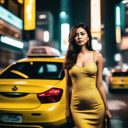 A beautiful woman with an attractive figure, wearing a stylish dress that accentuates her features, standing next to a yellow taxi in a busy city at night