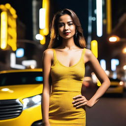 A beautiful woman with an attractive figure, wearing a stylish dress that accentuates her features, standing next to a yellow taxi in a busy city at night