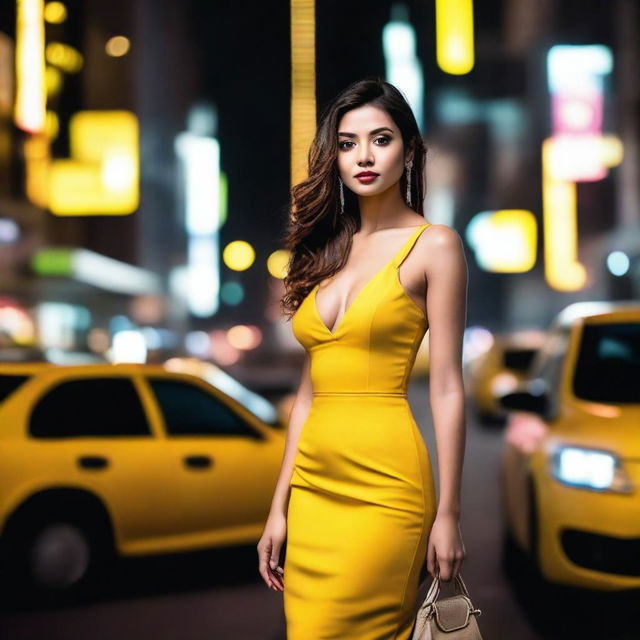 A beautiful woman with an attractive figure, wearing a stylish dress that accentuates her features, standing next to a yellow taxi in a busy city at night