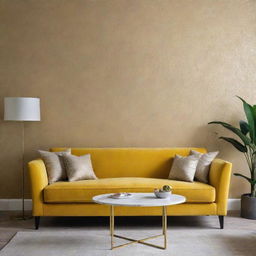 Show a luxurious minimalist living room with subtle touches of patterned gold wallpaper and featuring a yellow sofa.