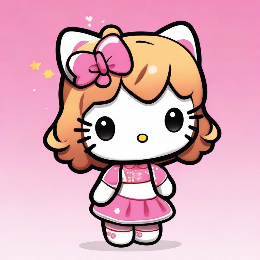 A cute Hello Kitty character with brown hair and blonde highlights