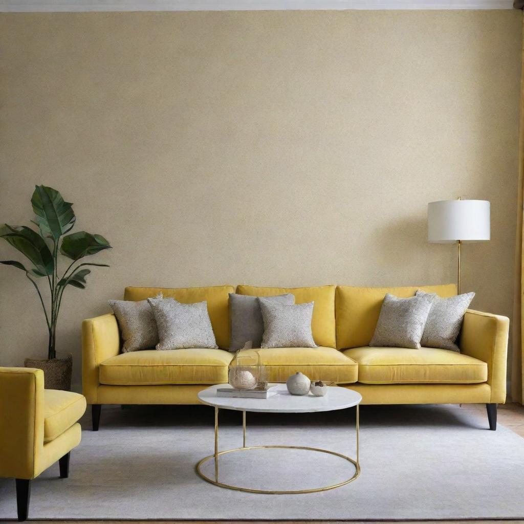 Design a luxurious, minimalist living room with touches of patterned wallpaper and featuring a yellow sofa.