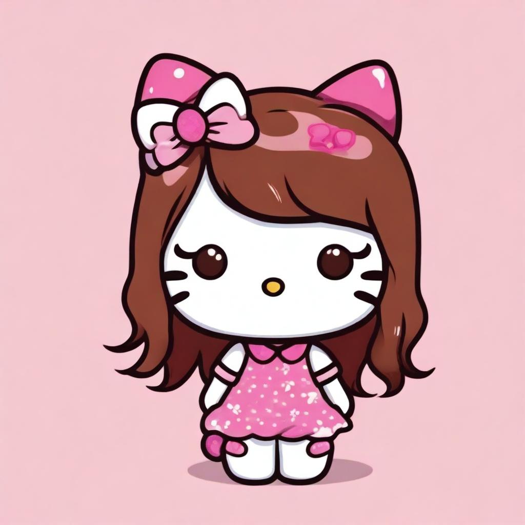 A cute Hello Kitty character with long brown hair, wearing her original outfit