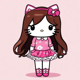 A cute Hello Kitty character with long brown hair, wearing her original outfit