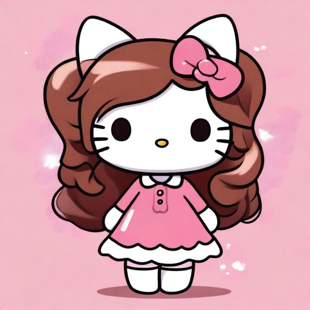 A cute Hello Kitty character with long brown hair, wearing her original outfit