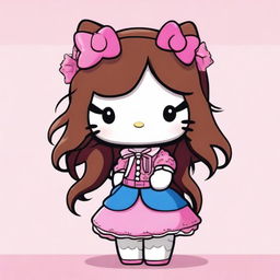 A cute Hello Kitty character with long brown hair, wearing her original outfit