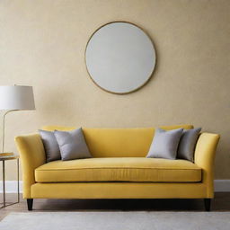 Design a luxurious, minimalist living room with touches of patterned wallpaper and featuring a yellow sofa.