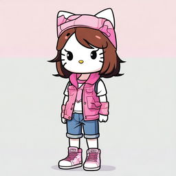 A Hello Kitty character with a tomboy appearance and long brown hair