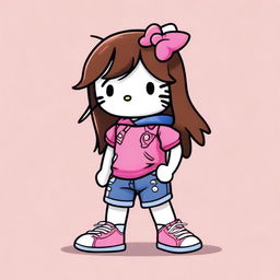 A Hello Kitty character with a tomboy appearance and long brown hair