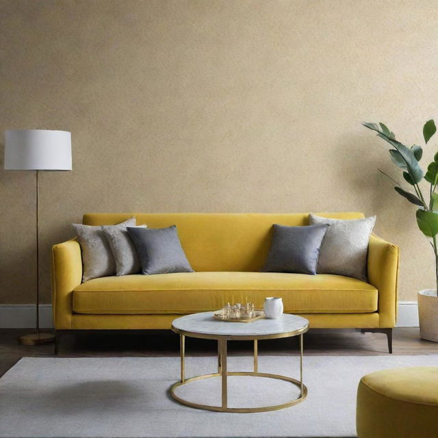 Design a luxurious, minimalist living room with touches of patterned wallpaper and featuring a yellow sofa.