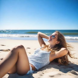 A girl laying down at the beach with her feet up, enjoying the sunny weather