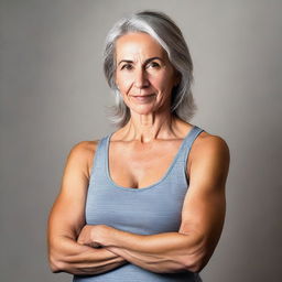 A mature woman wearing a singlet with her arms crossed