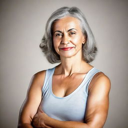 A mature woman wearing a singlet with her arms crossed