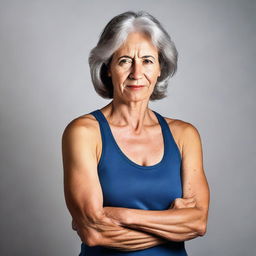 A mature woman wearing a singlet with her arms crossed