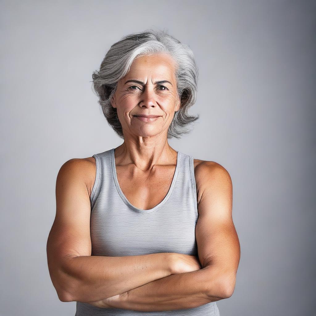 A mature woman wearing a singlet with her arms crossed