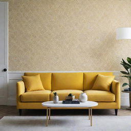 Design a luxurious, minimalist living room with touches of patterned wallpaper and featuring a yellow sofa.