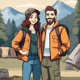 A pretty influencer girl with stylish clothes and accessories standing next to an outdoorsy camping guy in rugged attire, set against a scenic outdoor backdrop with mountains and trees