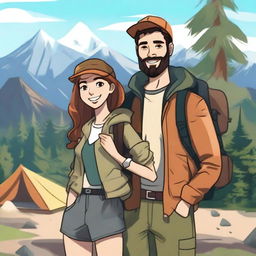 A pretty influencer girl with stylish clothes and accessories standing next to an outdoorsy camping guy in rugged attire, set against a scenic outdoor backdrop with mountains and trees