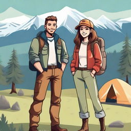 A pretty influencer girl with stylish clothes and accessories standing next to an outdoorsy camping guy in rugged attire, set against a scenic outdoor backdrop with mountains and trees