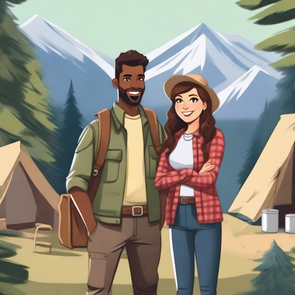 A pretty influencer girl with stylish clothes and accessories standing next to an outdoorsy camping guy in rugged attire, set against a scenic outdoor backdrop with mountains and trees