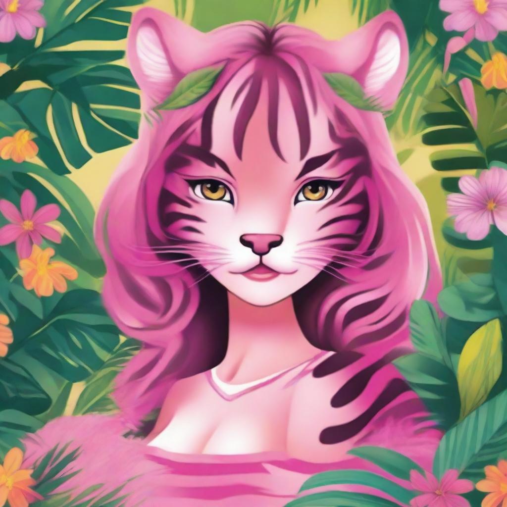 A vibrant and whimsical illustration of a pink tiger girl