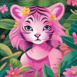 A vibrant and whimsical illustration of a pink tiger girl