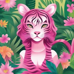 A vibrant and whimsical illustration of a pink tiger girl