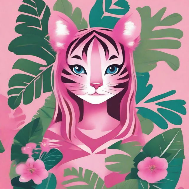 A vibrant and whimsical illustration of a pink tiger girl