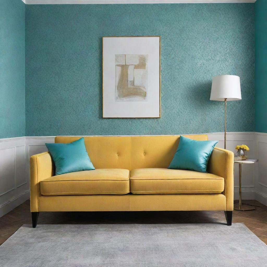 Illustrate a luxurious, minimalist living room accented with touches of turquoise patterned wallpaper and a yellow sofa.