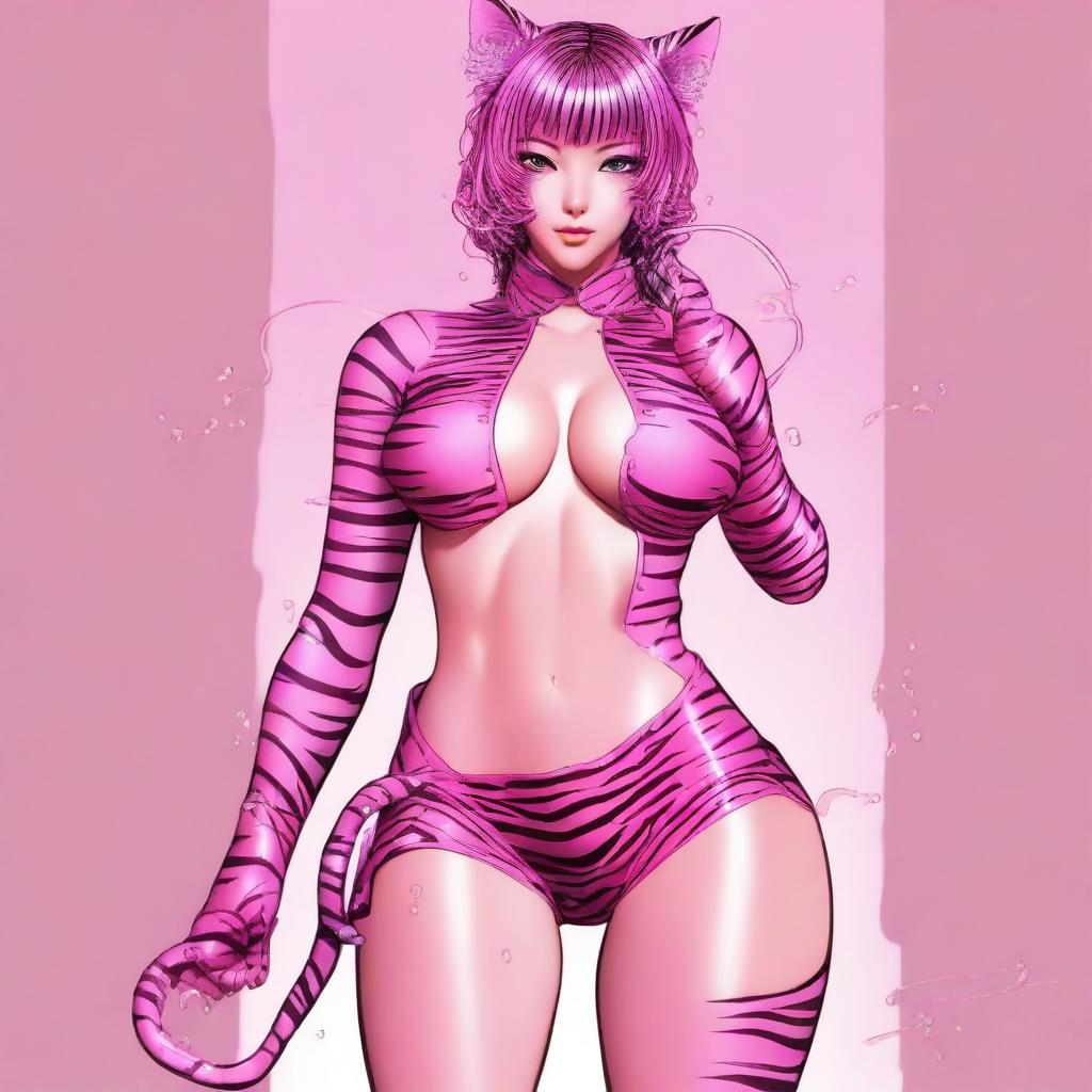 A detailed illustration of a girl in a wet, skimpy pink tiger outfit